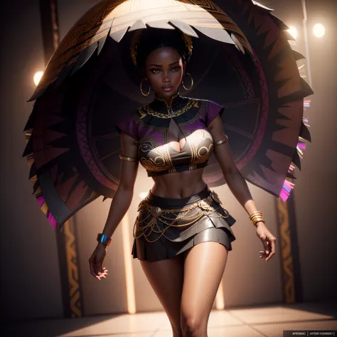 Beautiful black girl dressed in a skirt with African designs modelling on the runway,  with iridescent light, highly detailed images, vibrant beautiful colours, photorealistic image, 8k, ultra HD, unreal engine rendered, cinematic lighting, artgerm style,