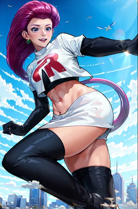 ((masterpiece, best quality, award-winning, high resolution)),((solo, 1girl)), smile, team rocket, team rocket costume, short white top, white miniskirt, midriff, navel, black elbow gloves, boots high top, gientess, walking in the city, quality lighting