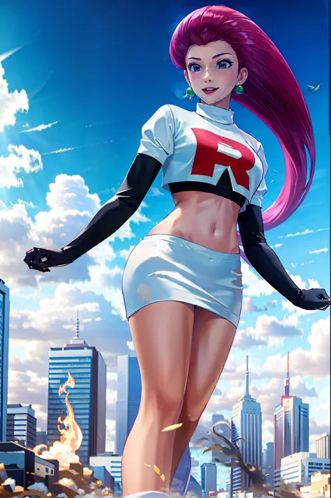 ((masterpiece, best quality, award-winning, high resolution)),((solo, 1girl)), smile, team rocket, team rocket costume, short white top, white miniskirt, midriff, navel, black elbow gloves, boots high top, gientess, walking in the city, quality lighting