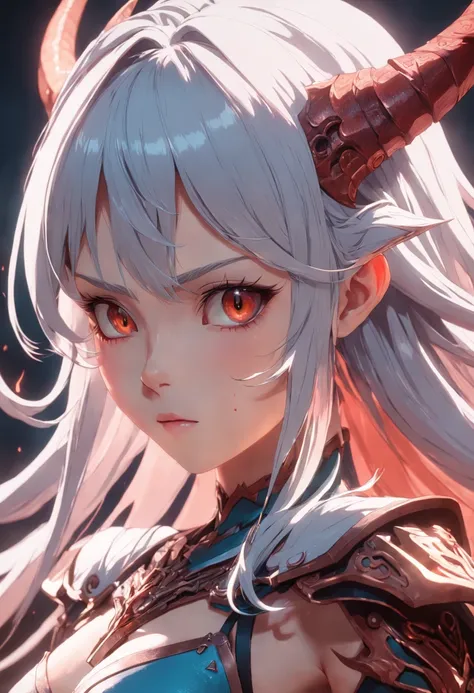 Close-up of a girl with a sword, ultra-detailed fantasy character, intricate gorgeous anime CGI style, female demon suitable for white horns, 4 K detail fantasy, high detail iconic character, beautiful biomechanical elf, complex fantasy character, high det...