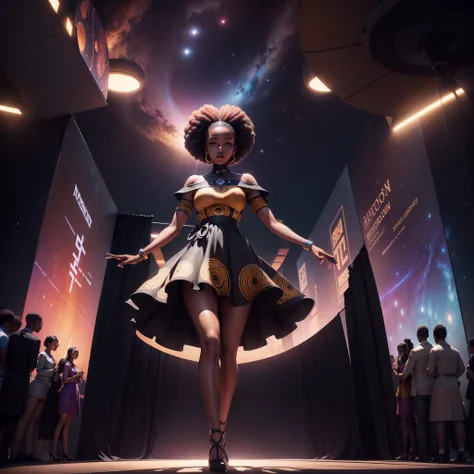 Beautiful black girl dressed in a skirt or dress with African designs modelling on the runway, in outer space, crowd watching, with iridescent light, highly detailed images, vibrant beautiful colours, photorealistic image, 8k, ultra HD, unreal engine rende...