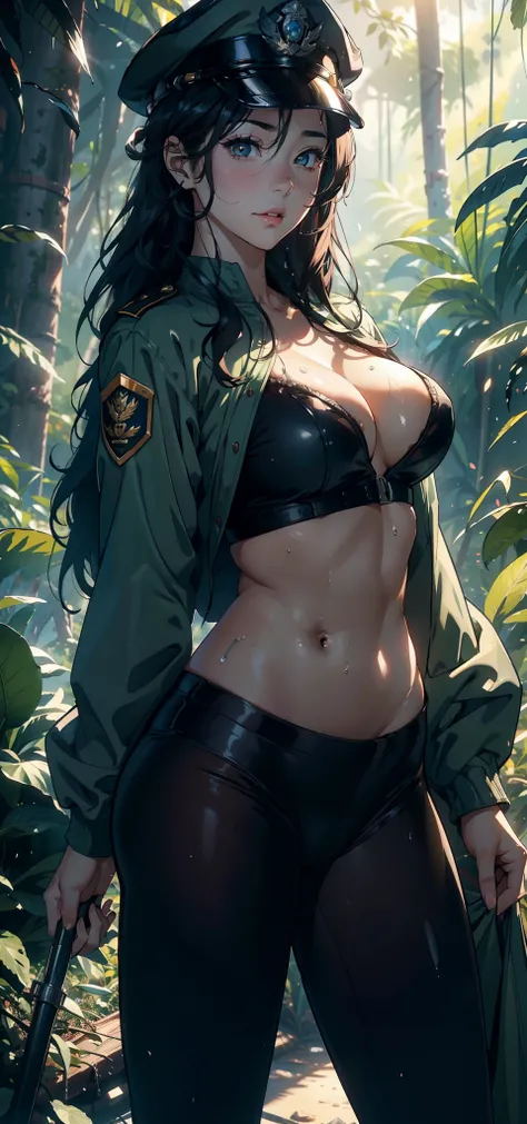 1female，25 age old，Large breasts，Pornographic exposure， 独奏，（Background with：ln the forest，the rainforest，in summer） with his long black hair，standing on your feet，Sweat profusely，drenched all over the body，seen from the front， curlies， mostly cloudy sky，（（...