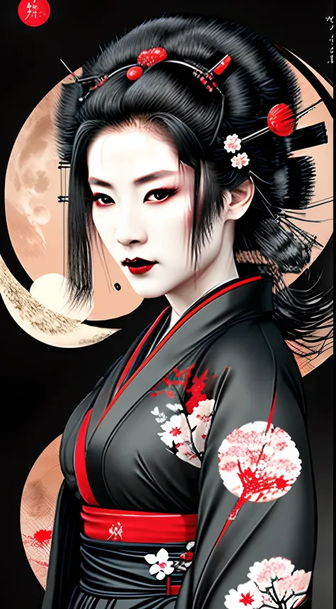 Geisha samurai female warrior, red and black, logo, black hair, moon, side face, head shots, cherry blossoms on the hair, wear black kimono