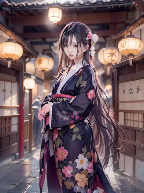 Super beautiful photo，Alafi wearing a kimono sitting on tatami mats in a Japanese-style room,Snapshots, a woman vampire，Holding a kissel in your right hand,traditional japanese, in a kimono, Black kimono, japanese kimono, Black kimono with colorful chrysan...