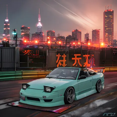 "tokyo drift-inspired racing scene, vibrant neon-lit city, futuristic ambiance, featuring an iconic orange toyota supra and a de...