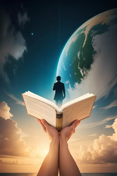 Someone is holding a book with a man on top of it, segurando um livro gigante, he is holding a large book, book in hand, uma obra-prima de storytelling, foto tirada, with book of science, Segurando um livro, Directed by: Niko Henrichon, Lendo novo livro, a...