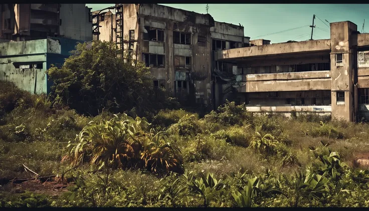 apocalyptic landscape, cidade abandonada, plantas em toda parte, dia nublado, soturno, no experience