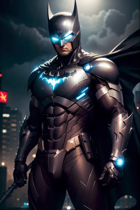 Homem de Ferro fundido com Batman, Black and silver armor with a bright blue bat symbol on its chest, gotas de chuva na armadura, heroic pose, 4k, , fotorrealista, fotografia, luz de cinema, heroic pose, cidade, armadura preta