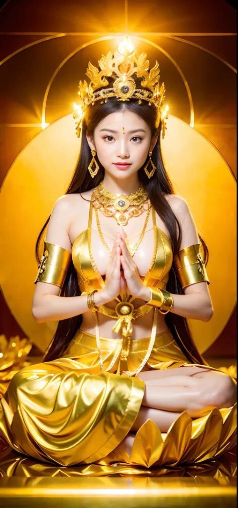 1girl in、top-quality、​masterpiece、超A high resolution、(Photorealsitic:1.4)、Raw photo、Deities々Goddess Sibit、（Face of 15 year old beautiful girl）、Straight long hair、glowy skin、Dramatic、（Golden See-Through Competition Swimwear）、（Golden transparent fluttering r...