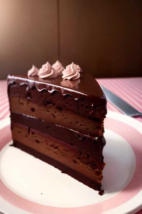 um Bolo
Bolo de chocolate
Fundo rosa, solid color, somente a cor rosa de fundo.
This cake is cut with a slice on the plate next to it.
Ultra Realista, 8k, fullhd