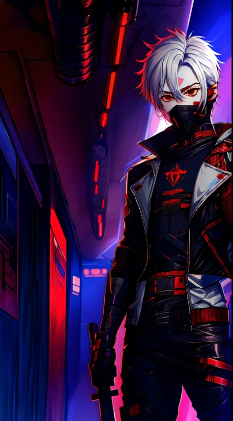 anime boy with silver hair posing in cyberpunk war scenario,olhos vermelhos, ciber, ciberpunk preto e armadura vermelha, anime f...