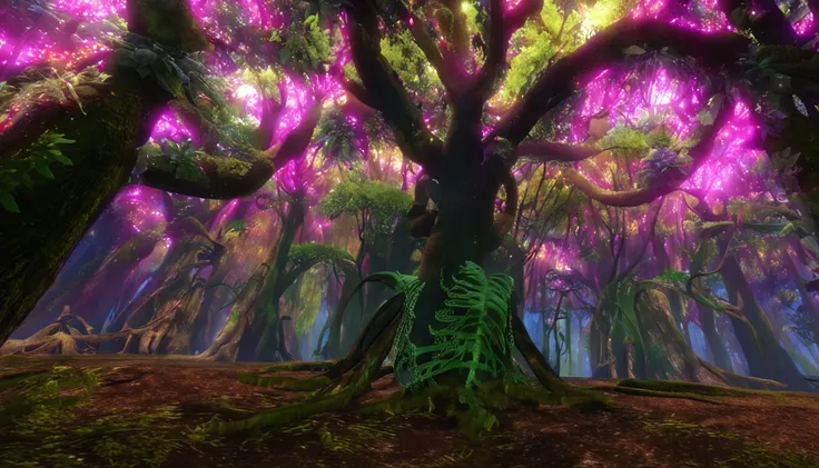 floresta, musgos, grama, many trees and vines, Elven Forest, luz do dia, realista