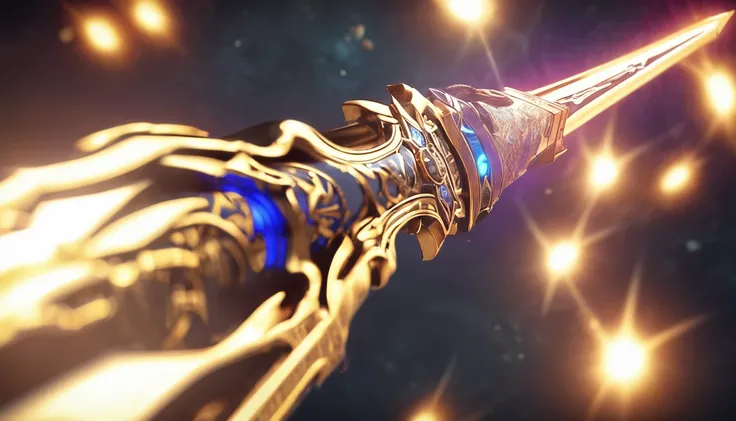 Excalibur, Golden blade sword with blue energy glowing, perfeita, detalhada, 8k