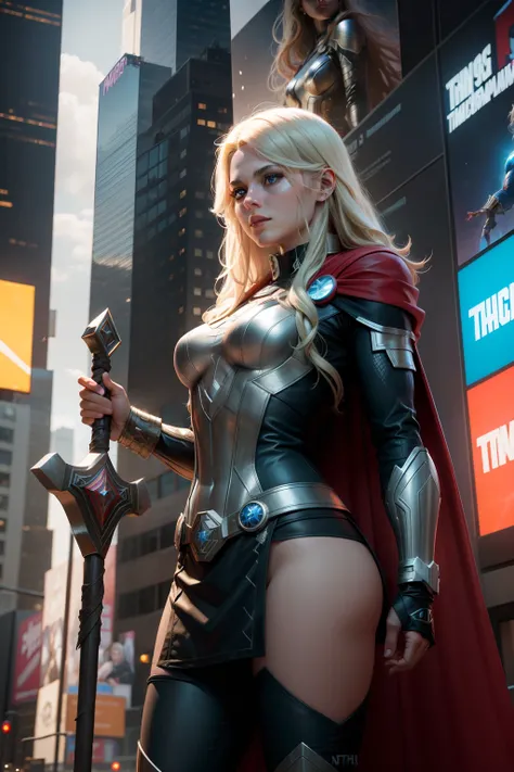 mighty hammer Mjolnir, New York, Time Square, Girl Thor, also known as Tarene, is a character from Marvel Comics. She is an Asgardian goddess from Marvel mythology and possesses powers similar to Thors, wielding the hammer Mjolnir, including thunder manipu...