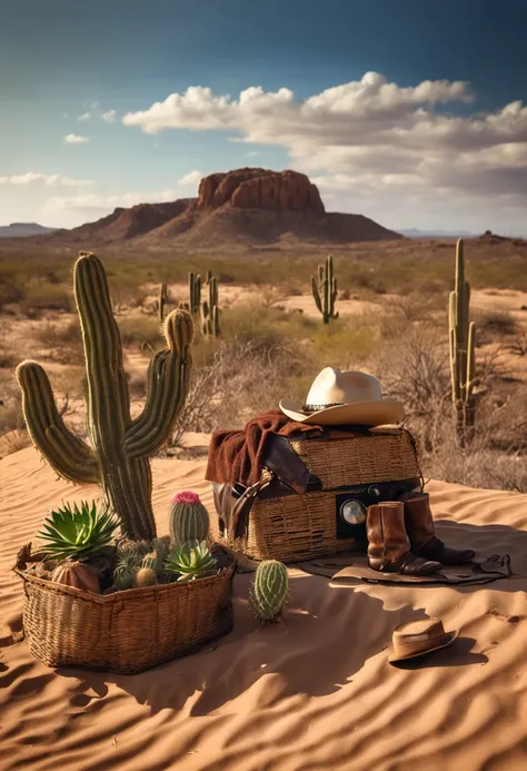 Bau de tesouro fechado ao longe na paisagem, bau do tesouro, straw hat, leather hat, Cactus plants in a desert area with a sky background, caatinga, paisagem do deserto, Desert scenery showing a treasure chest.