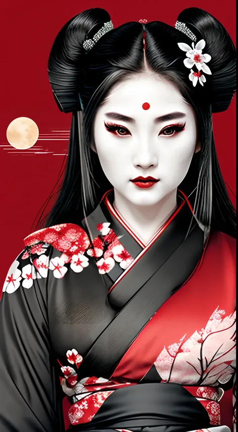 Geisha samurai female warrior, red and black, logo, black hair, moon, side face, head shots, cherry blossoms on the hair, wear black kimono