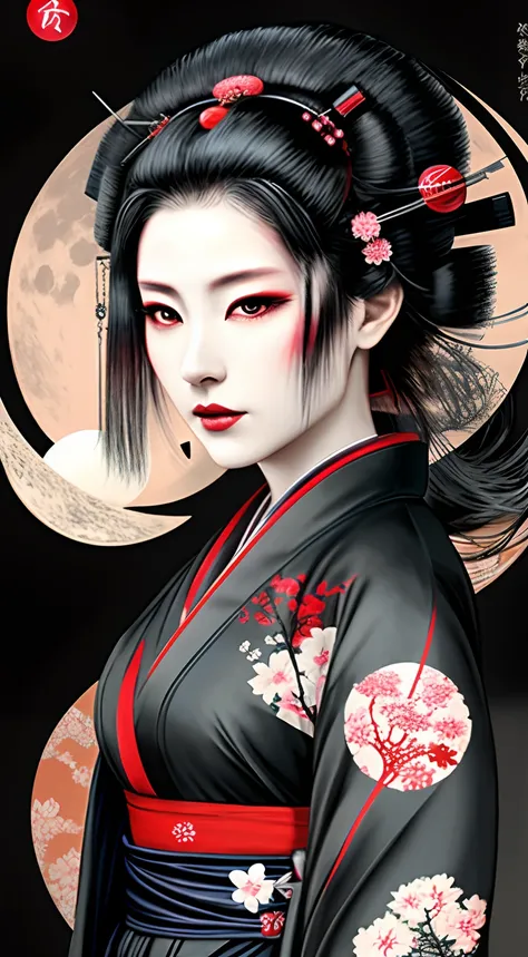 arafed woman in a kimono with a moon in the background, japanese art style, cyberpunk geisha, takato yomamoto. 4 k, beauty geisha, japanese goddess, stunning digital illustration, exquisite digital illustration, beautiful digital artwork, artwork in the st...