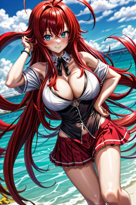 masterpiece, best quality, highres, best quality, highres, rias gremory, 1girl, long hair, micro red binki, red hair, ahoge, blue eyes, large breasts, very long hair, breasts, huge ahoge, beach , strong pose, bikni, beach , modern fashion, yellow bra, smil...