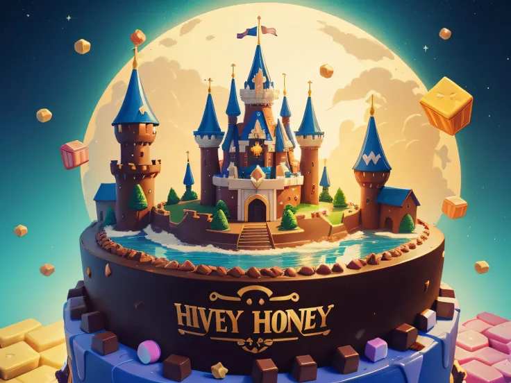 make a chocolate castle with candy a river little horses of honey birds, a giant cookie in background. art mega man game style illustration 4k. hq.