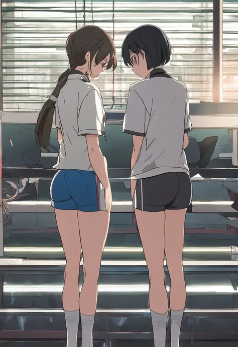 three anime characters in womens panties standing side by side and
facing each other ass, burma, green eyes, gym uniform, multiple girls,
3girls, black hair, from behind, shirt, white shirt, looking at viewer,
window, short hair, short sleeves, indoors, lo...