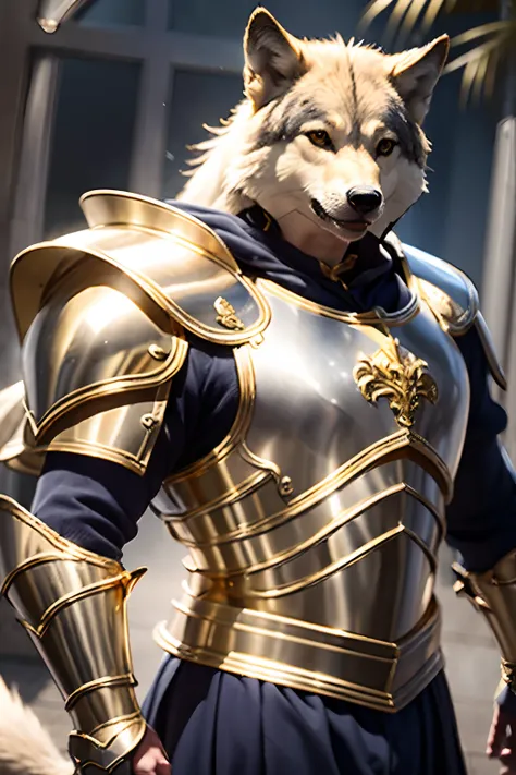 Strong Man,knights, golden armour，Gold Armor，With a sword and shield，Royal style，Comic style, , Sub-surface scattering, ornate detail, nature backdrop, Hyper-realistic, Cinematic, Dramatic Lighting, masutepiece、Armor with a wolf motif、