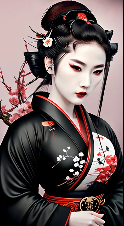 Geisha samurai female warrior, red and black, logo, black hair, moon, side face, head shots, cherry blossoms on the hair, wear black kimono