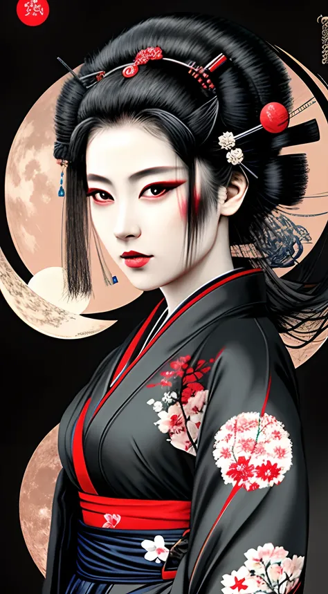 arafed woman in a kimono with a moon in the background, japanese art style, cyberpunk geisha, takato yomamoto. 4 k, beauty geisha, japanese goddess, stunning digital illustration, exquisite digital illustration, beautiful digital artwork, artwork in the st...