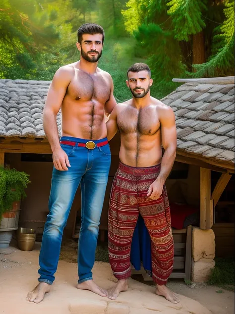 Masterpiece, creat a high resolution Portrait.   Ery hairy Druz family young and mature insanely handsome men in a small village as modern turkish soliders, hairy, very masculine men ,traditional, hairy chest, hairy legs, big hands, big feet, druze village...