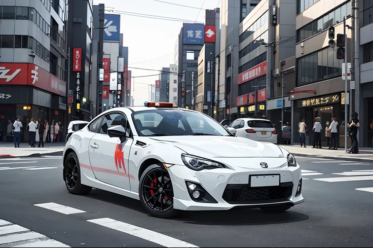 black and white toyota gt86 sports car, police markings, tokyo street backdrop