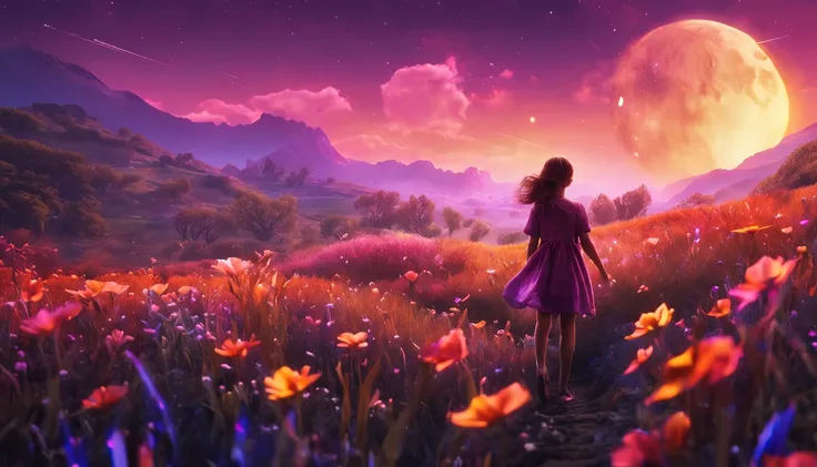 A wide landscape photo, (viewed from below, the sky is above, and the open field is below), a girl standing on a flower field looking up, (full moon: 1.2), (meteor: 0.9), (nebula: 1.3), distant mountains , Trees BREAK Crafting Art, (Warm Light: 1.2), (Fire...