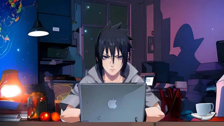 personagem de anime sentado em uma mesa com um laptop, sasuke uchiha, Estilo anime 4K, badass anime 8 k, Estilo anime moderno, Estilo anime. 8k, itatchi uchiha, Epic anime style, Steve Jobs como Hokage, Estilo anime muito moderno, Estilo anime", Estilo ani...