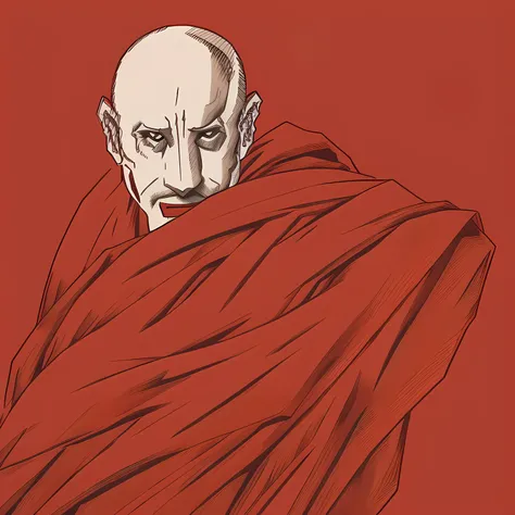 illustration: a bald man with his back to the camera wearing red cloths looking a tiger with white fur