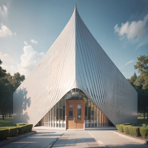 Modern white triangular chapel exterior wide photo by Norman Foster, intricate details, photorealism, 4k --auto --s2