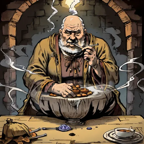 Fat old man smoking smoke and supper robe sitting at the table