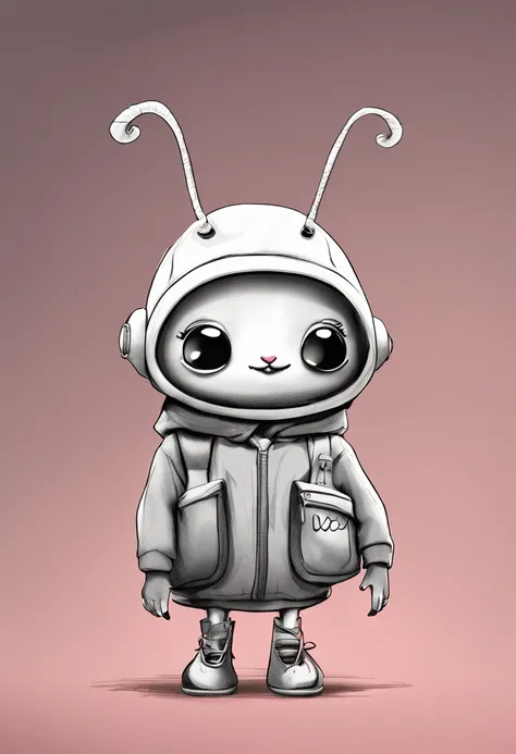 Adorable ant for childrens drawing. It has a round head and large bright black eyes. Your body is cute, comprido e de cor cinza-escuro. Tem antenas grandes e usa um vestido rosa com um sapato branco. Possui uma mochila colorida que ela sempre carrega junto...