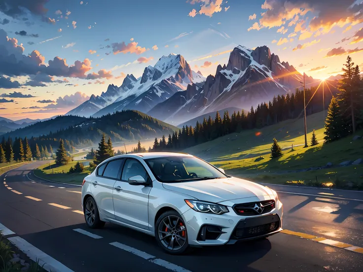 Drive along scenic mountain roads, mountain in background, Motion blur, Cinematic, Sunset, hdr,