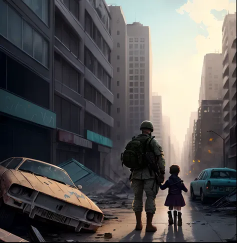 Wrecked City, a soldier protects a child,