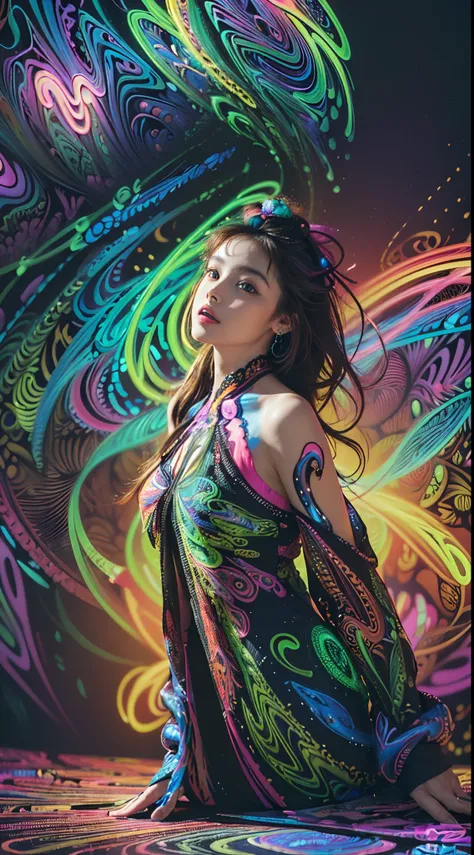 (masterpiece, top quality, best quality, official art, beautiful and aesthetic:1.2), (1girl:1.3), extremely detailed,(fractal art:1.2),colorful,highest detailed,( zentangle neon:1.2), (dynamic pose), (abstract background neon:1.5), (treditional dress:1.2),...