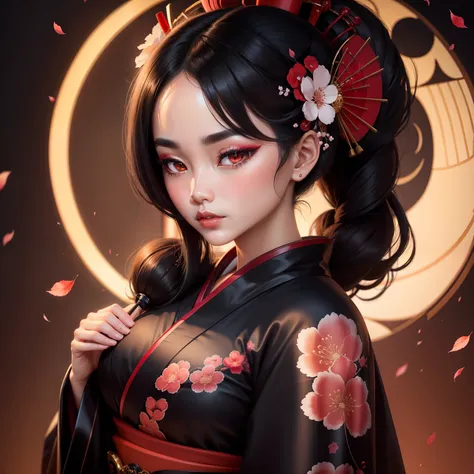 Seductive geisha, wear black kimono, black hair, red moon, dark brown skinned complexion, cherry blossom on hair, 4k, almond eyes, big lip, logo, heart shape face, face fuller