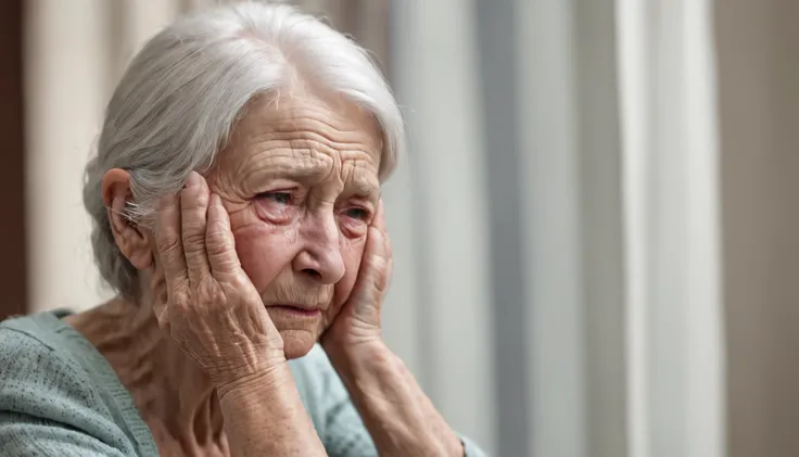 Elderly woman crying looking forward with tears falling, foto hiper realista