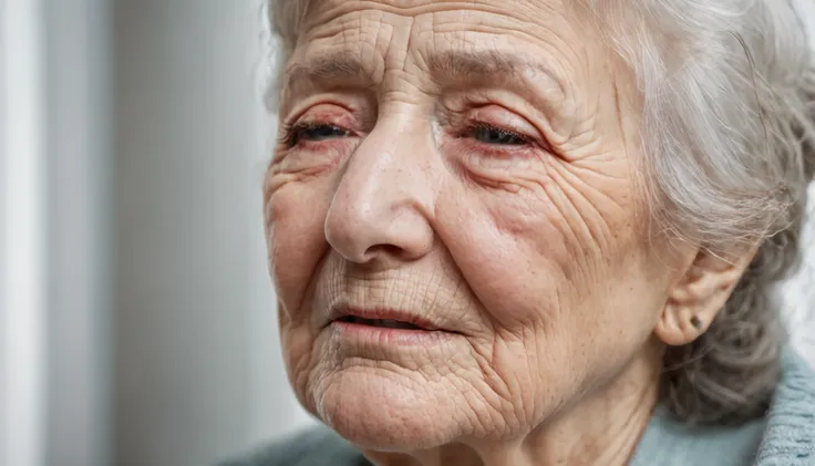 Elderly woman crying looking forward with tears falling, foto hiper realista