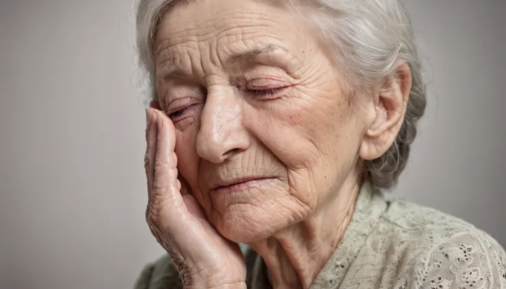 Elderly woman crying looking forward with tears falling, foto hiper realista