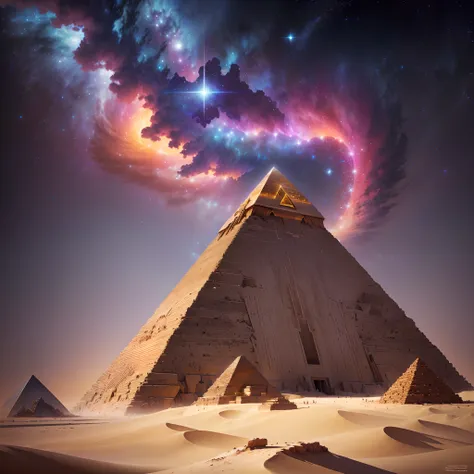 Starry sky in spiral, Vortex of light energy on a pyramid in the desert with a bright star, ancient megastructure pyramid, pyramid portal, Artgem e bipe Masterpiece, bipe e Tim Hildebrandt, inspirado por Mike "bipe" Winkelmann, ancient epic tower in the de...