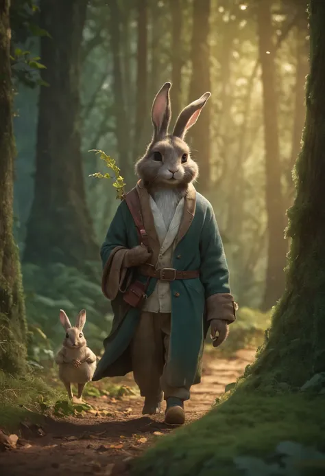 There is a painting of a man and a rabbit in the forest, arte de fantasia peluda, fantasia raposa amor, Beeple e Jeremias Ketner, arte peluda muito bonita, Cyril Rolando e Goro Fujita, Directed by: Ryan Yee, Artgerm e Atey Ghailan, anime exuberante john 8k...