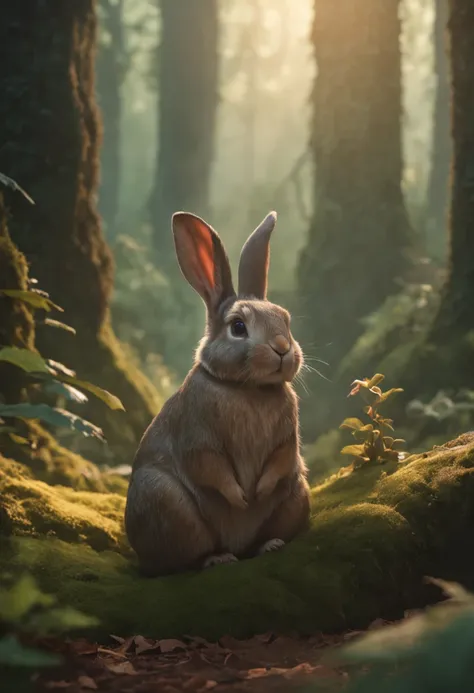 There is a painting of a man and a rabbit in the forest, arte de fantasia peluda, fantasia raposa amor, Beeple e Jeremias Ketner, arte peluda muito bonita, Cyril Rolando e Goro Fujita, Directed by: Ryan Yee, Artgerm e Atey Ghailan, anime exuberante john 8k...