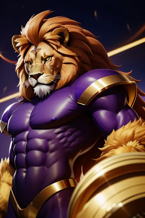 Draw an anthropomorphic lion fused with Sonic, frontal and full body. He wears tight sportswear, in a synthesis of agility and charisma. He is covered in shiny golden fur and a long mane of bright colors, in shades of purple, yellow and red, that flutters ...