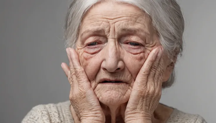 Elderly woman crying looking forward with tears falling, foto hiper realista