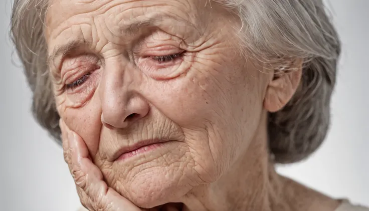 Elderly woman crying looking forward with tears falling, foto hiper realista