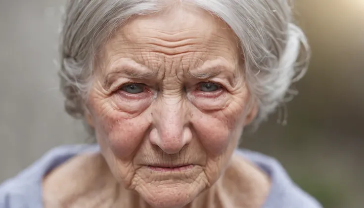 Elderly woman crying looking forward with tears falling, foto hiper realista