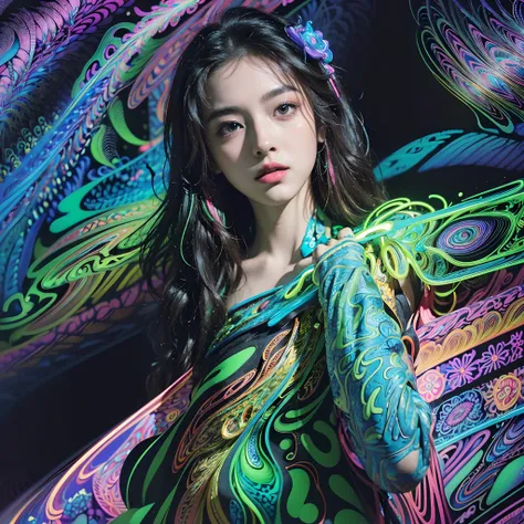 (masterpiece, top quality, best quality, official art, beautiful and aesthetic:1.2), (1girl:1.3), extremely detailed,(fractal art:1.2),colorful,highest detailed,( zentangle neon:1.2), (dynamic pose), (abstract background neon:1.5), (treditional dress:1.2),...